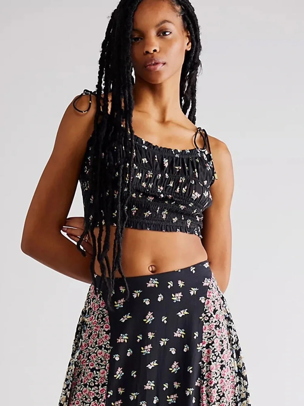 Free People Kaia Smocked Adjustable Strap  Cropped Tank Top Boho Floral Print
